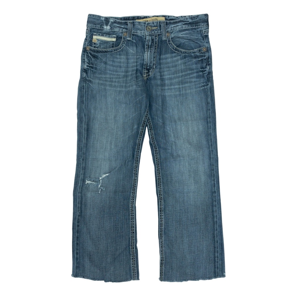 Big Star Pioneer Jeans Mens 33R Blue Distressed Boot Cut Raw Hem Buckle